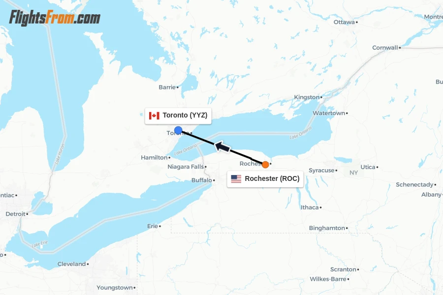 Flights from Rochester to Toronto route map