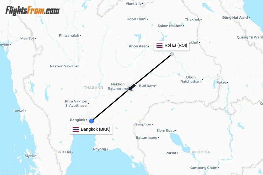 Flights from Roi Et to Bangkok route map