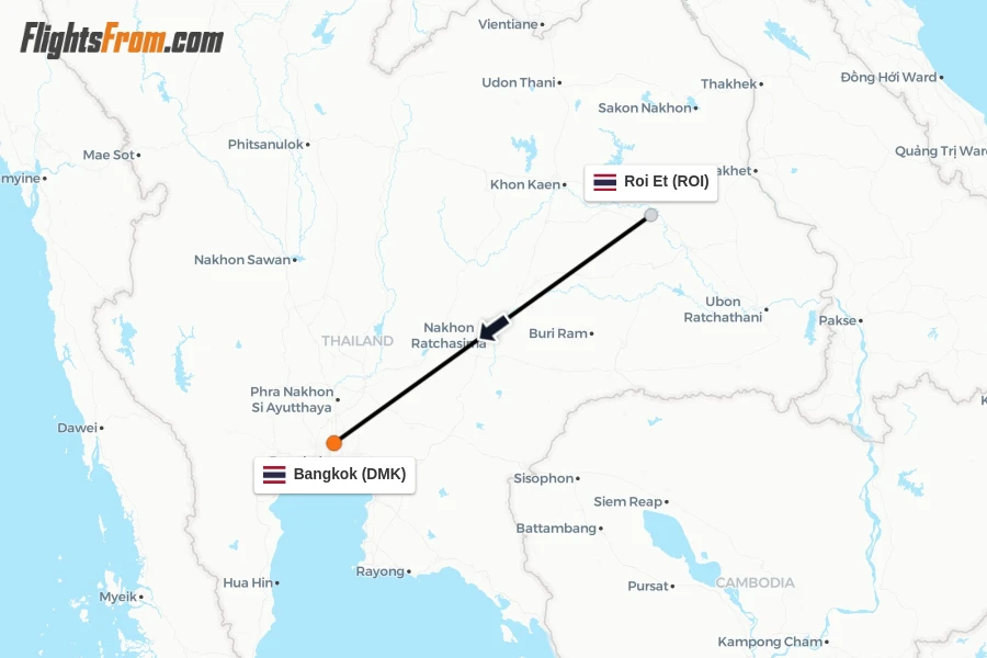 Flights from Roi Et to Bangkok route map