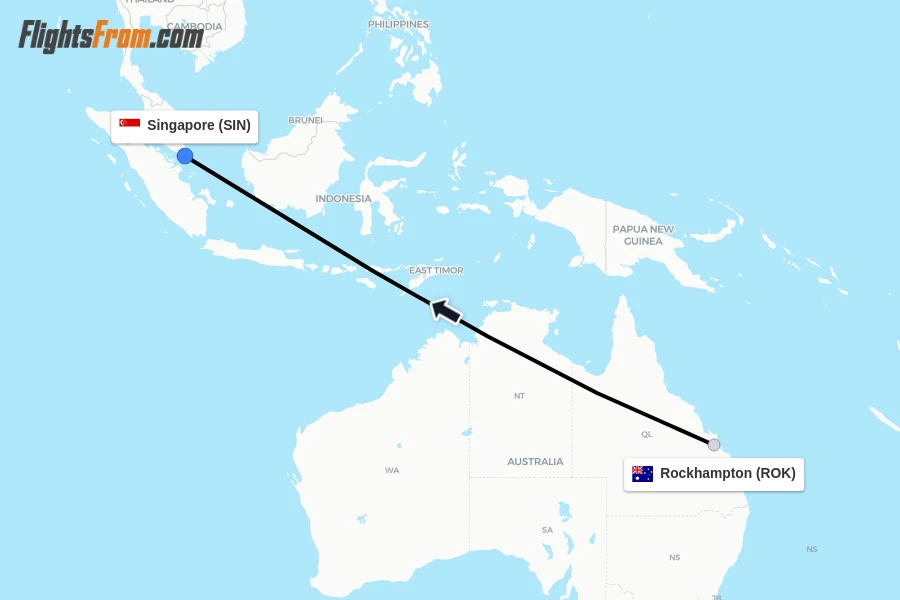 Flights from Rockhampton to Singapore route map