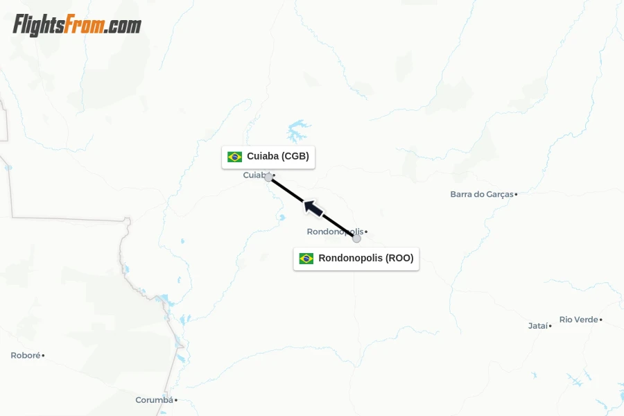 Flights from Rondonopolis to Cuiaba route map