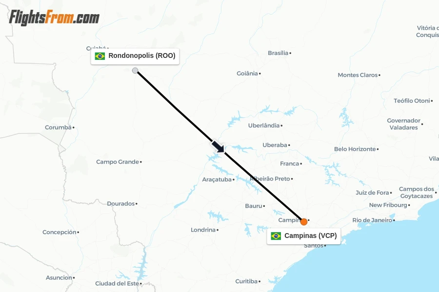 Flights from Rondonopolis to Campinas route map