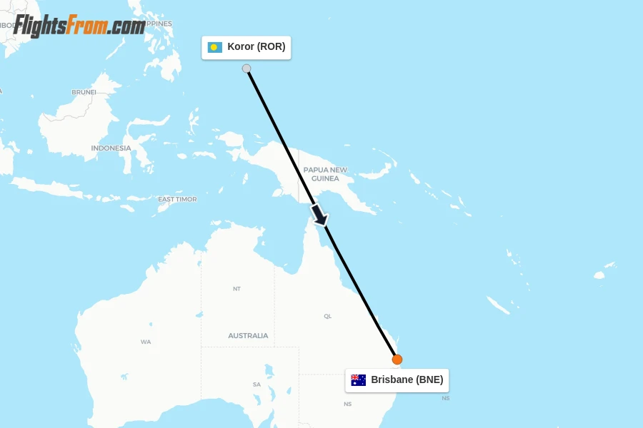 Flights from Koror to Brisbane route map