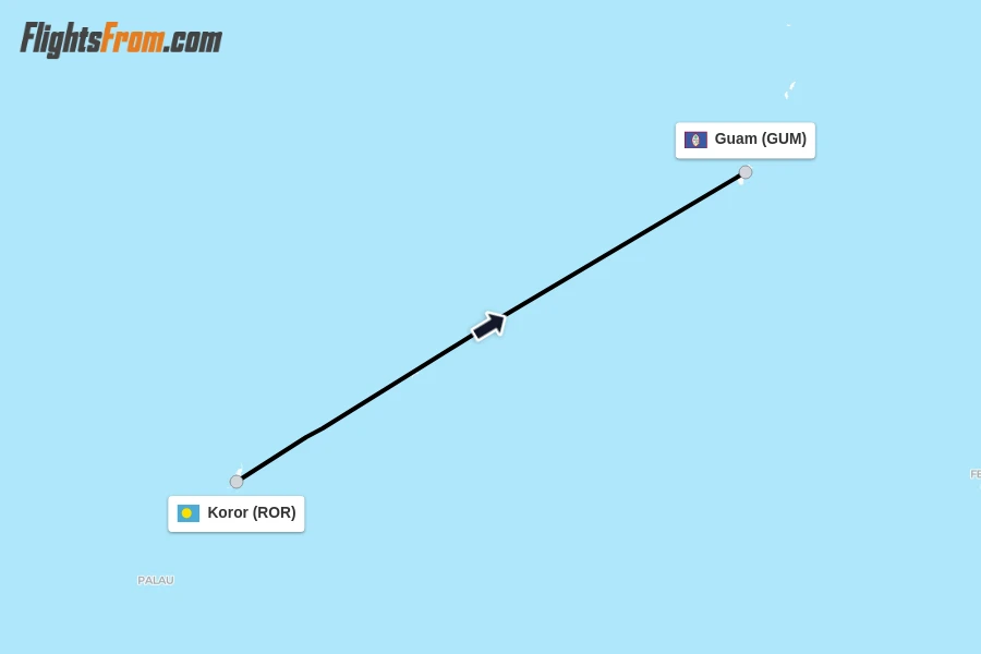 Flights from Koror to Guam route map