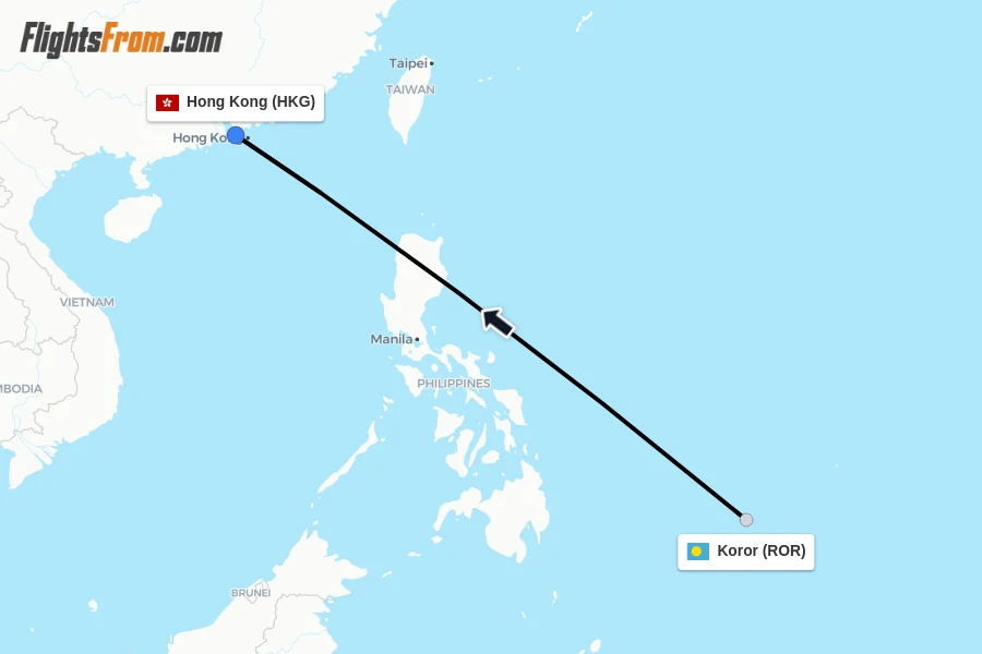 Flights from Koror to Hong Kong route map