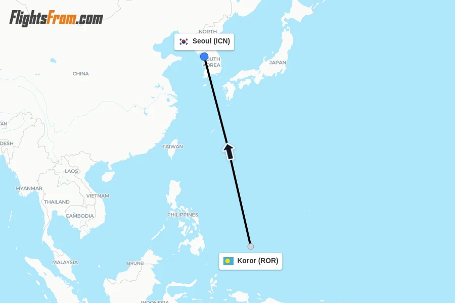 Flights from Koror to Seoul route map