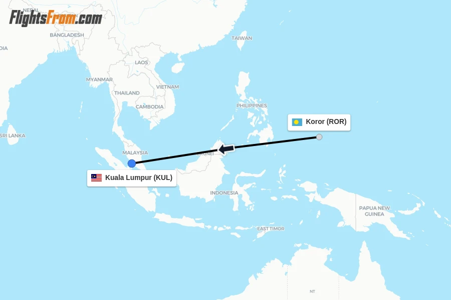 Flights from Koror to Kuala Lumpur route map