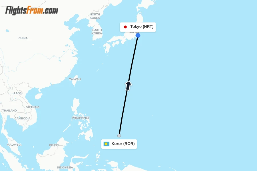 Flights from Koror to Tokyo route map