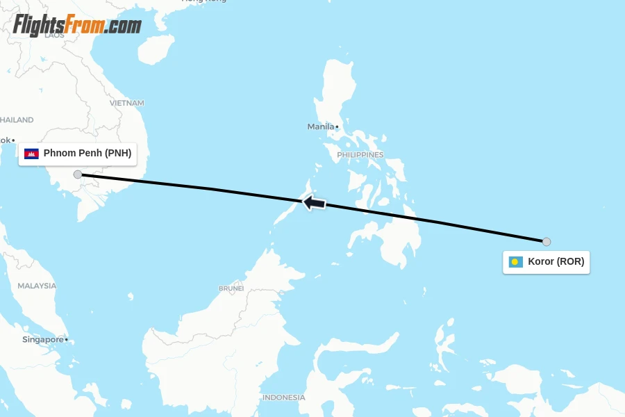Flights from Koror to Phnom Penh route map