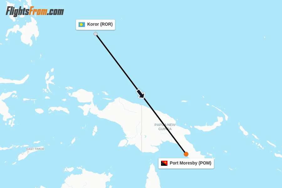 Flights from Koror to Port Moresby route map