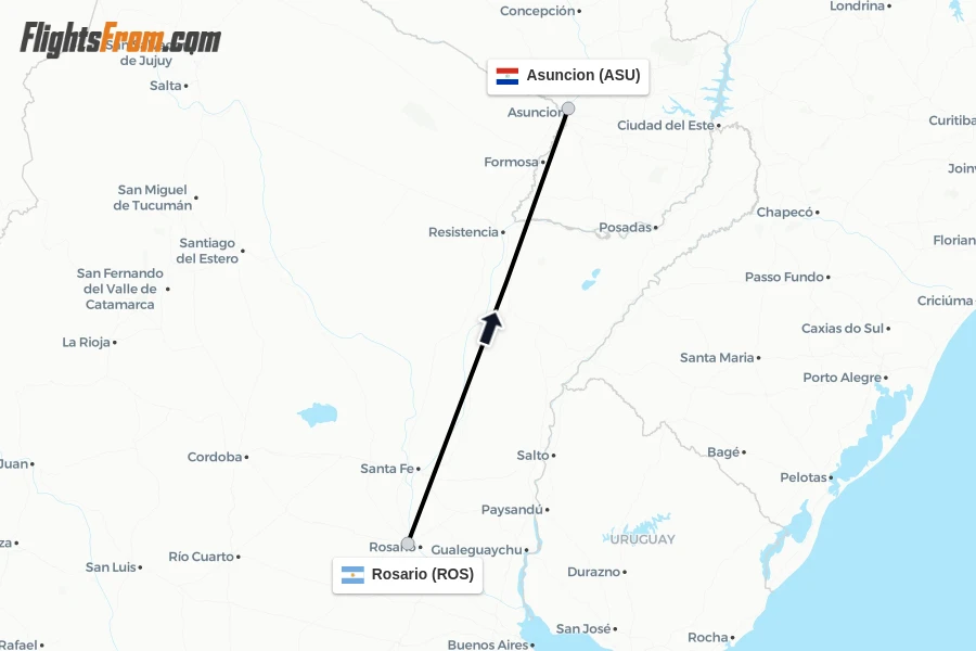 Flights from Rosario to Asuncion route map