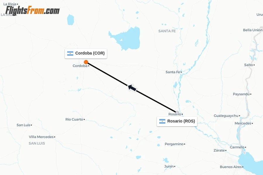 Flights from Rosario to Cordoba route map
