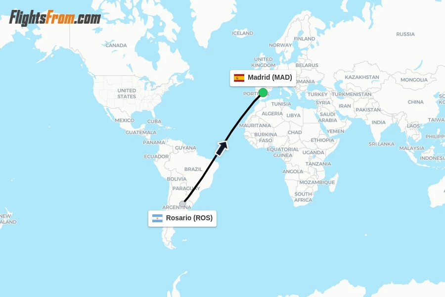 Flights from Rosario to Madrid route map