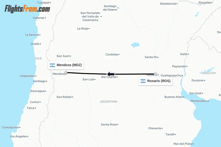 Flights from Rosario to Mendoza route map