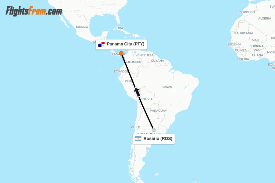 Flights from Rosario to Panama City route map