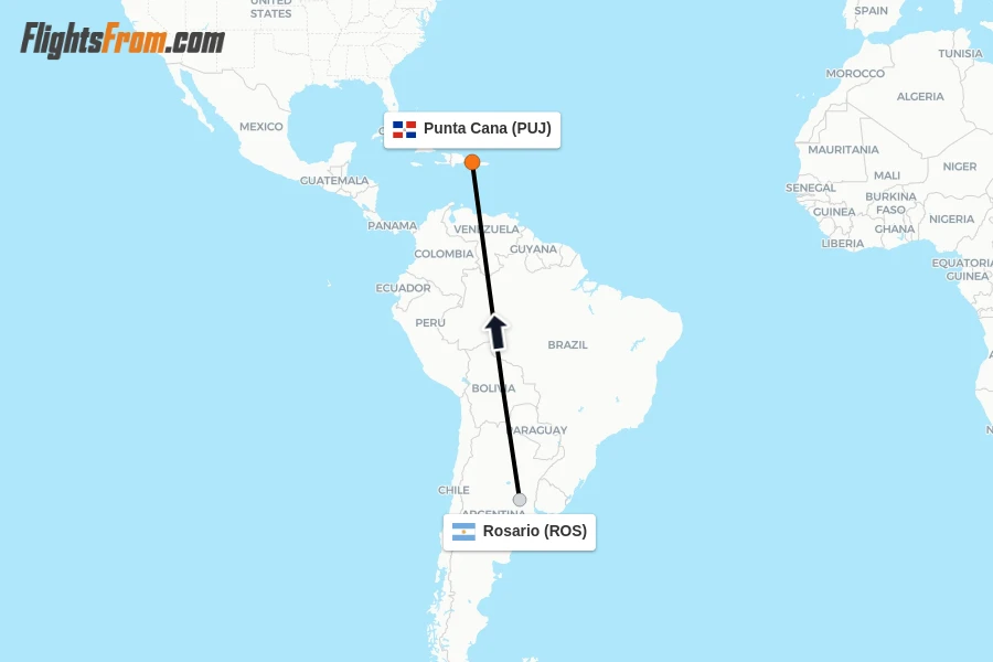Flights from Rosario to Punta Cana route map