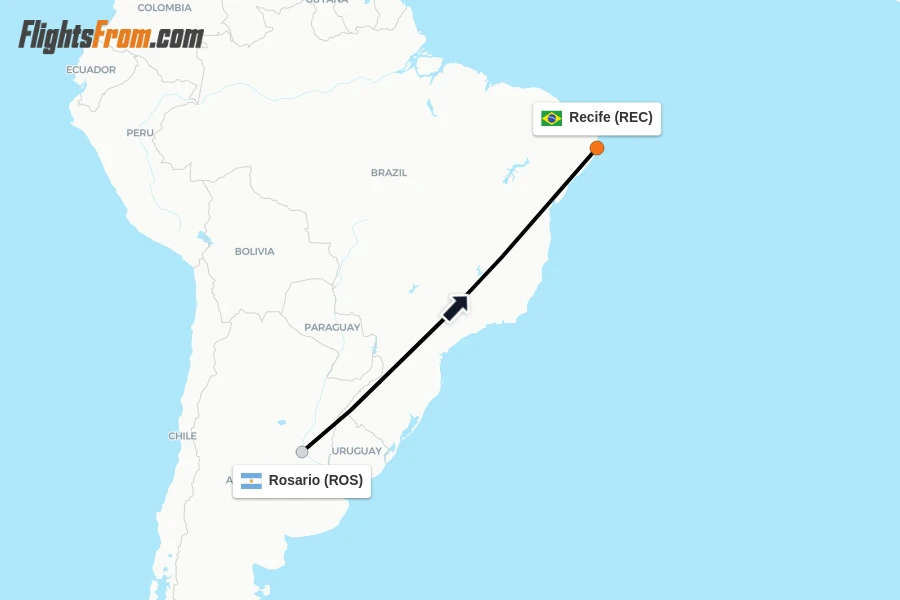 Flights from Rosario to Recife route map