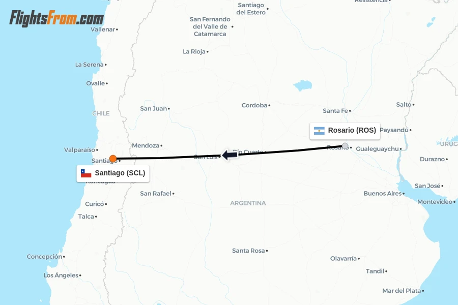 Flights from Rosario to Santiago route map