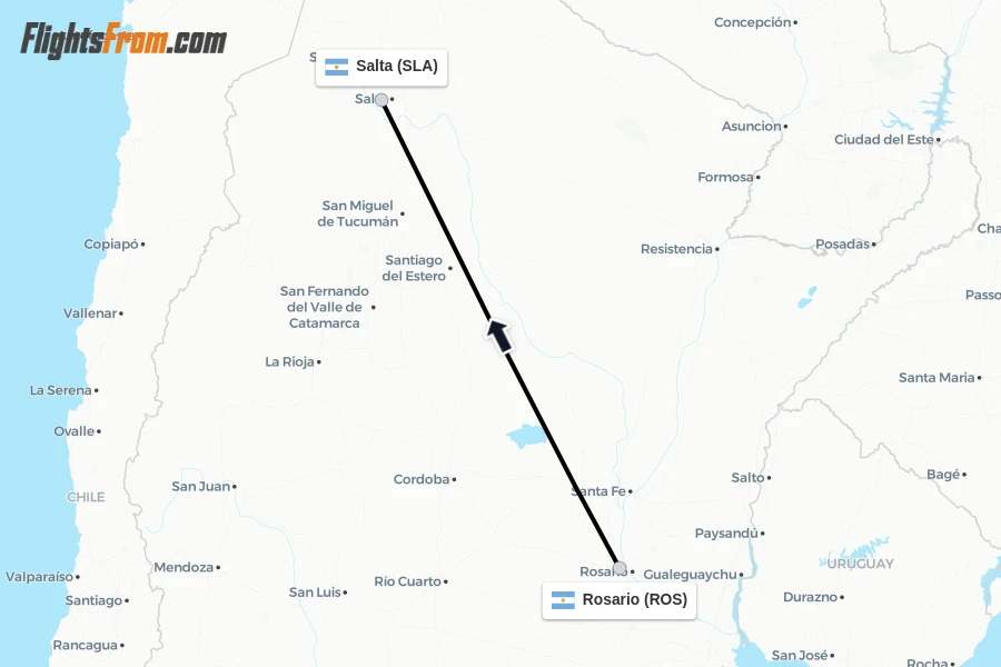 Flights from Rosario to Salta route map