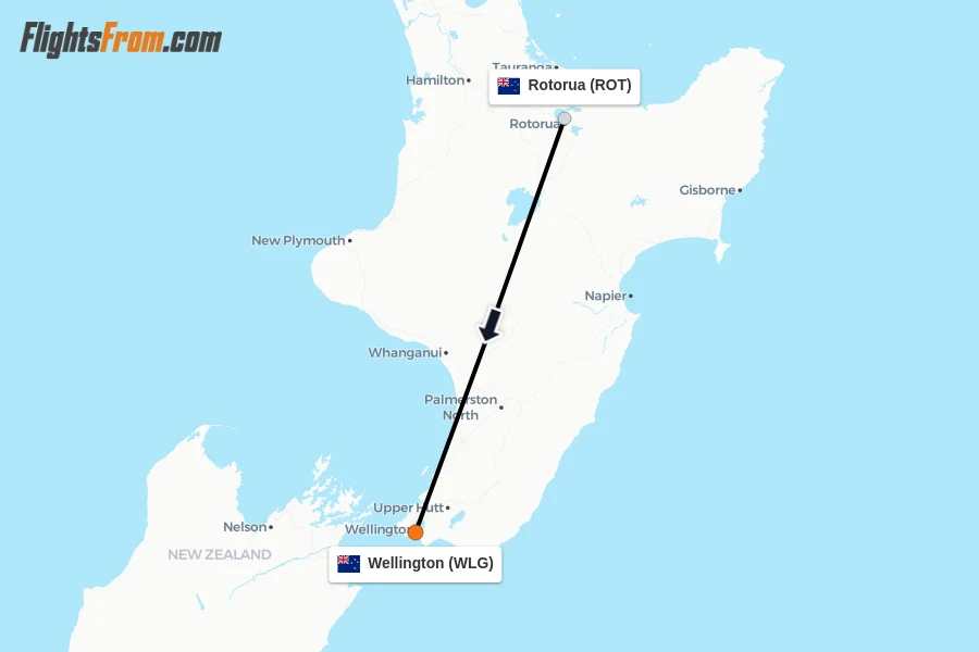 Flights from Rotorua to Wellington route map