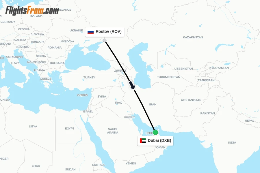 Flights from Rostov to Dubai route map