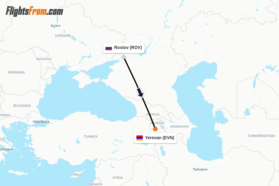 Flights from Rostov to Yerevan route map