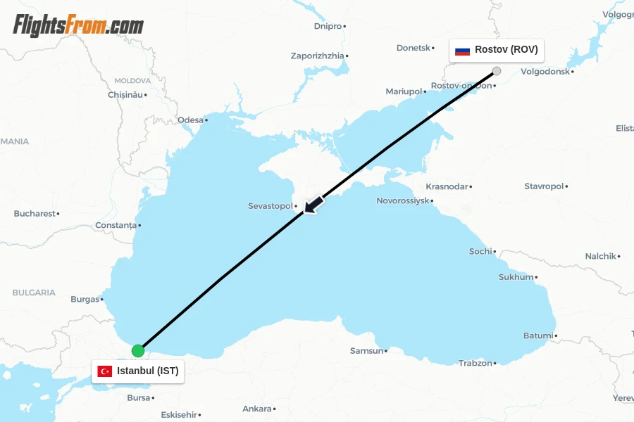 Flights from Rostov to Istanbul route map