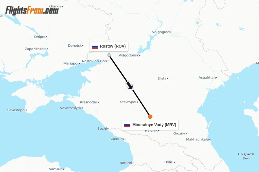 Flights from Rostov to Mineralnye Vody route map