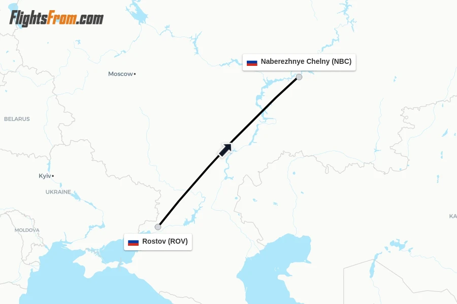 Flights from Rostov to Naberezhnye Chelny route map