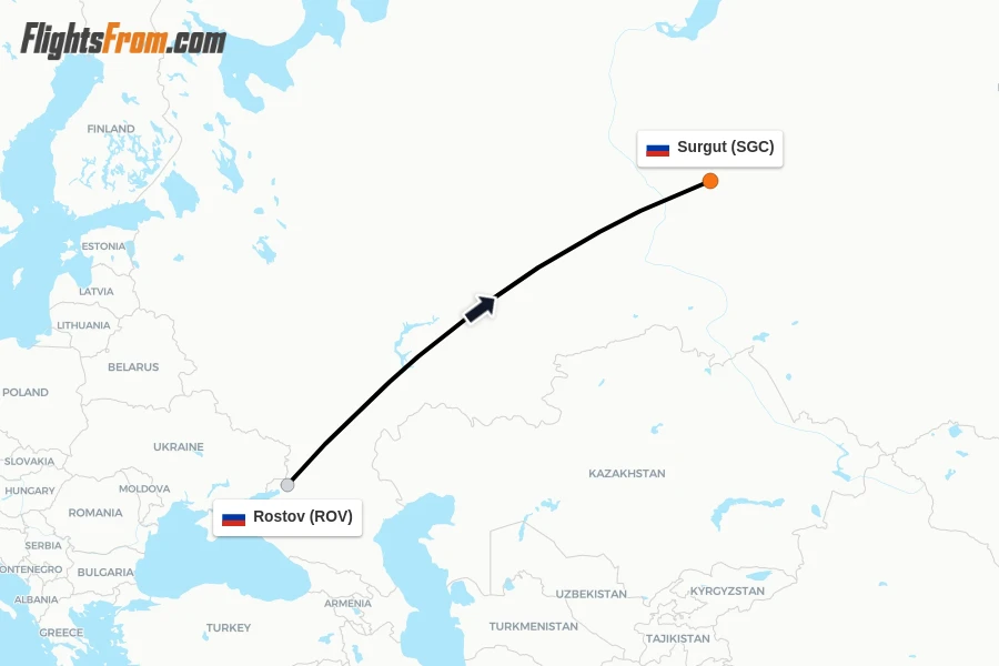 Flights from Rostov to Surgut route map