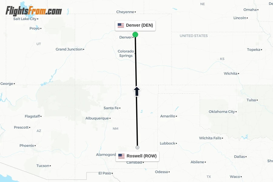 Flights from Roswell to Denver route map