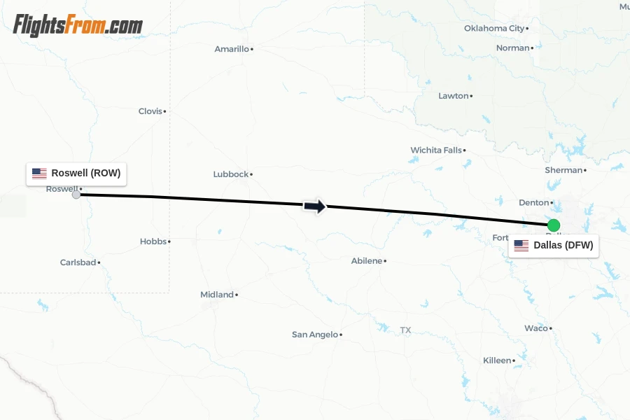 Flights from Roswell to Dallas route map