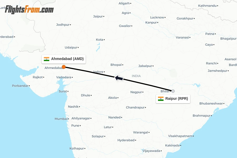 Flights from Raipur to Ahmedabad route map