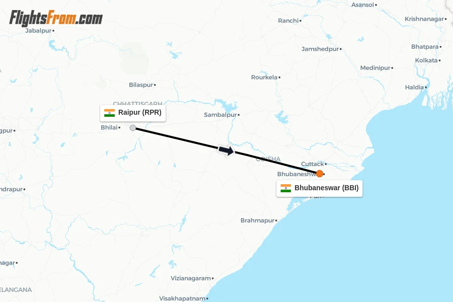 Flights from Raipur to Bhubaneswar route map