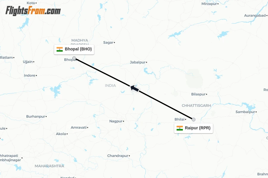 Flights from Raipur to Bhopal route map