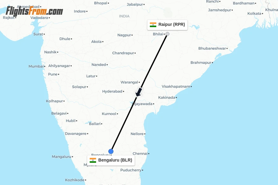 Flights from Raipur to Bengaluru route map