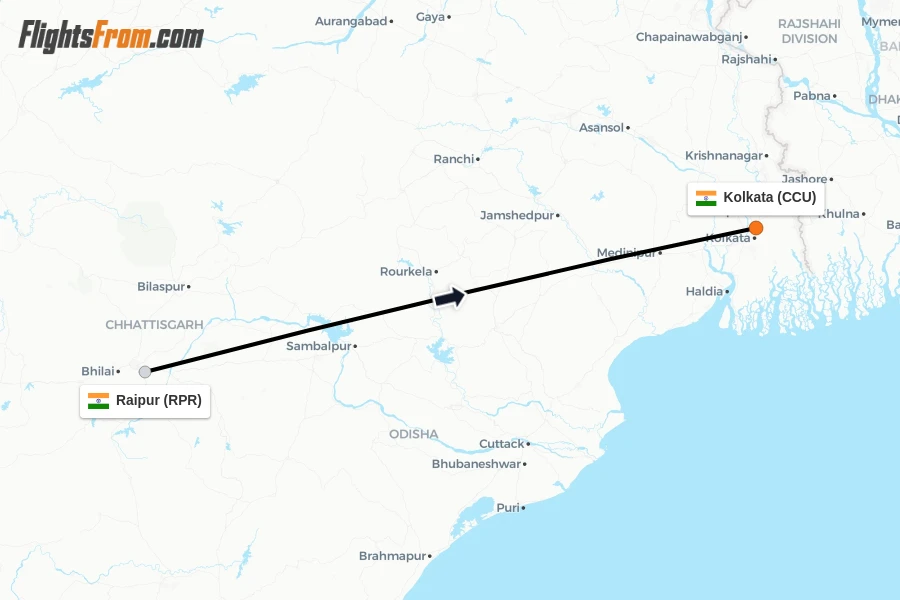 Flights from Raipur to Kolkata route map