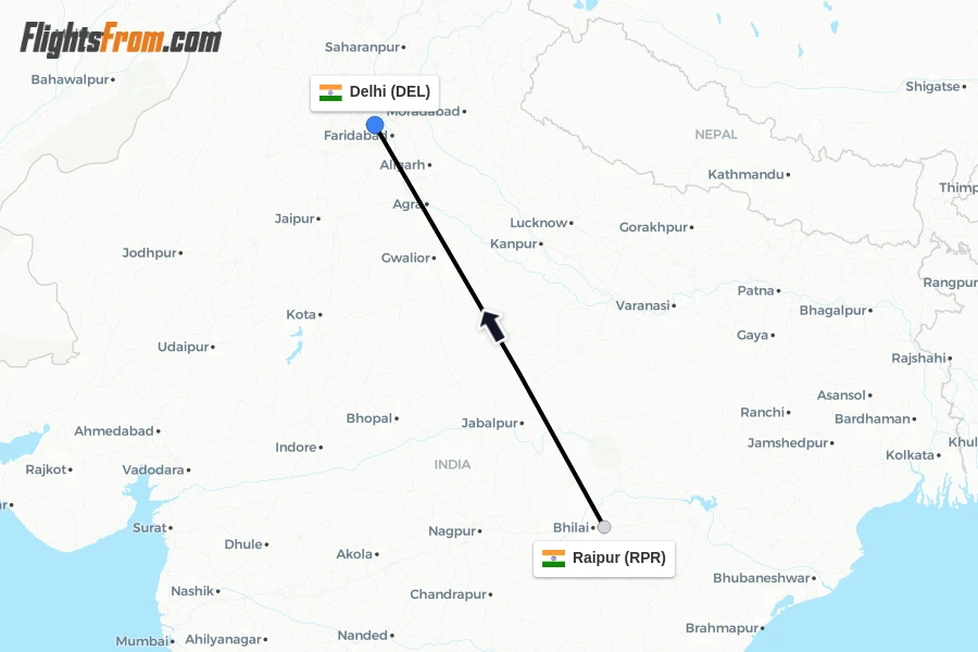 Flights from Raipur to Delhi route map
