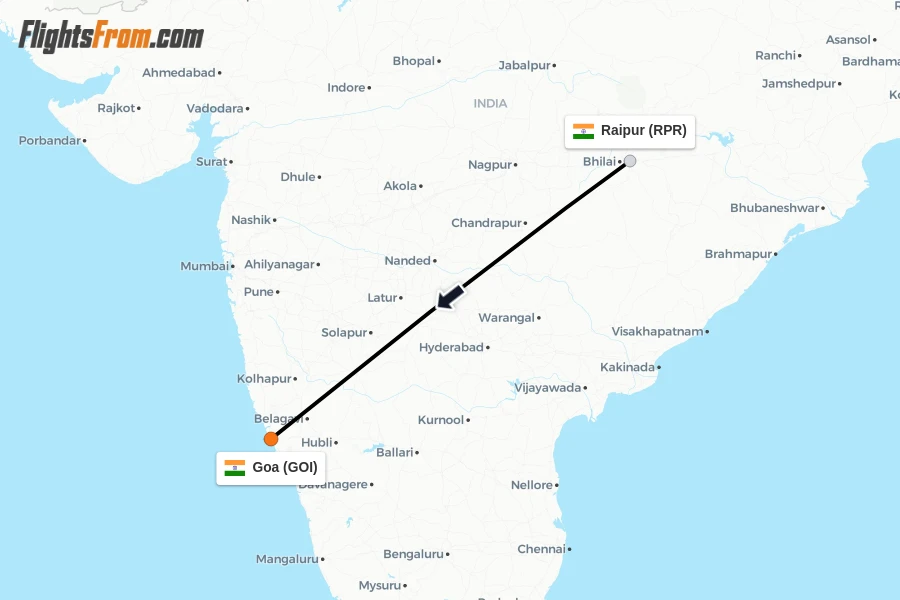 Flights from Raipur to Goa route map