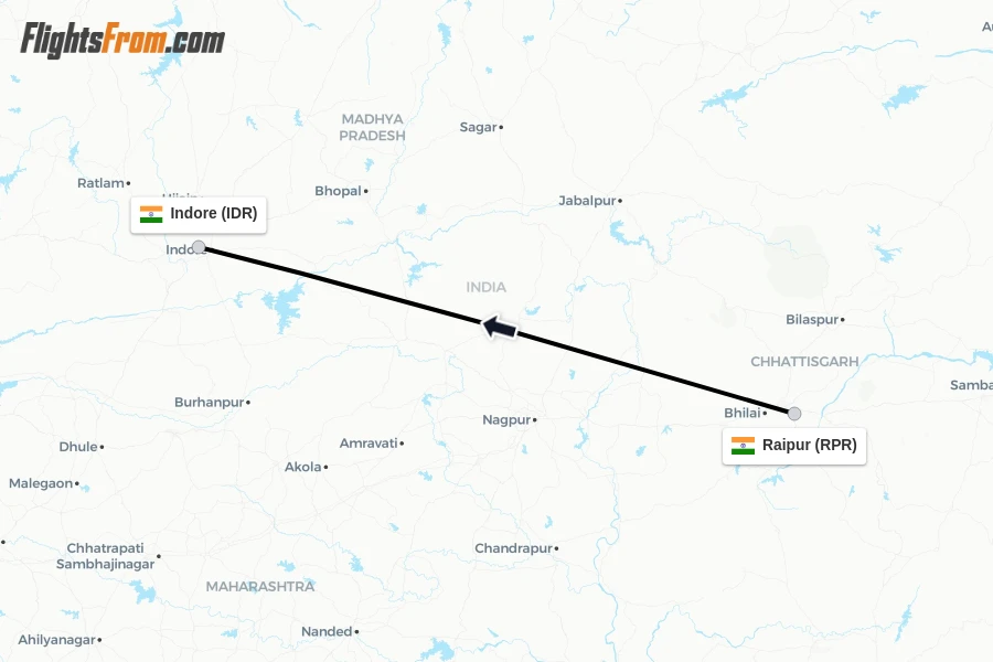 Flights from Raipur to Indore route map