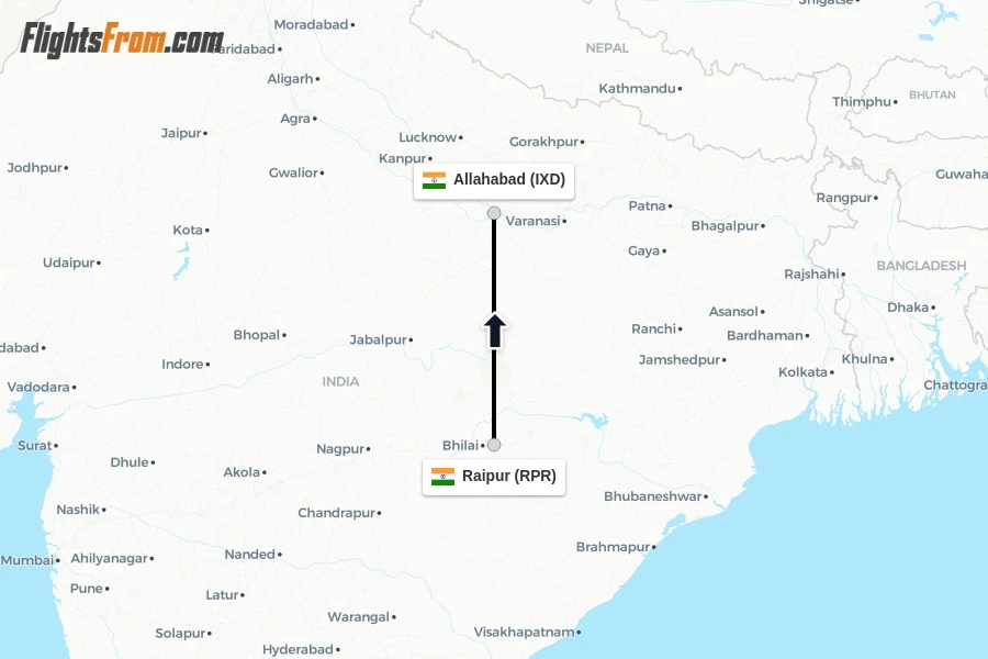 Flights from Raipur to Allahabad route map