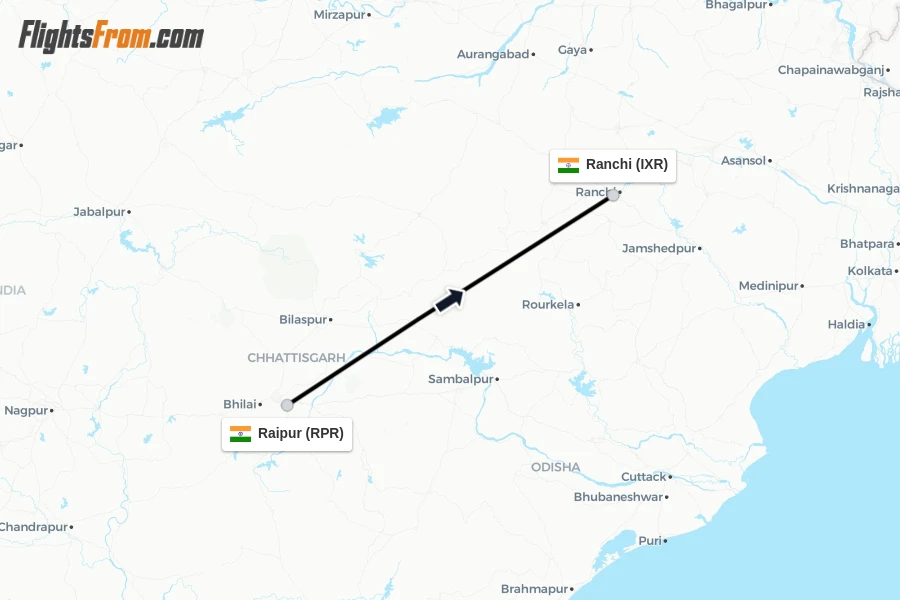 Flights from Raipur to Ranchi route map