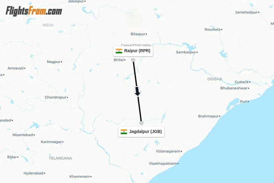 Flights from Raipur to Jagdalpur route map