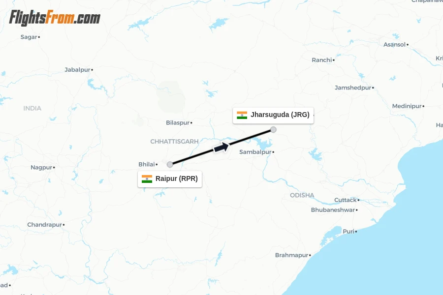 Flights from Raipur to Jharsuguda route map