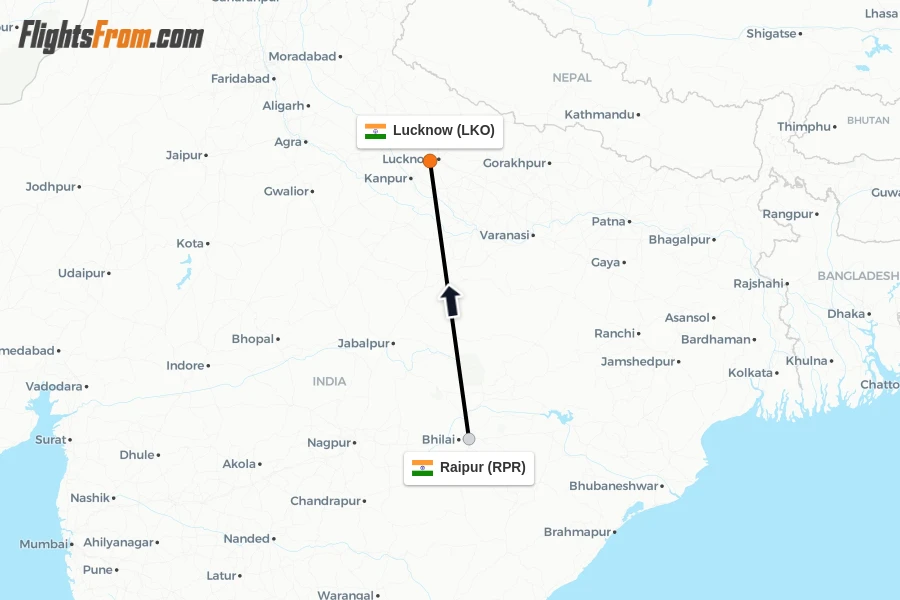 Flights from Raipur to Lucknow route map