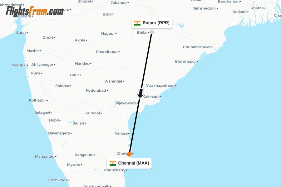 Flights from Raipur to Chennai route map