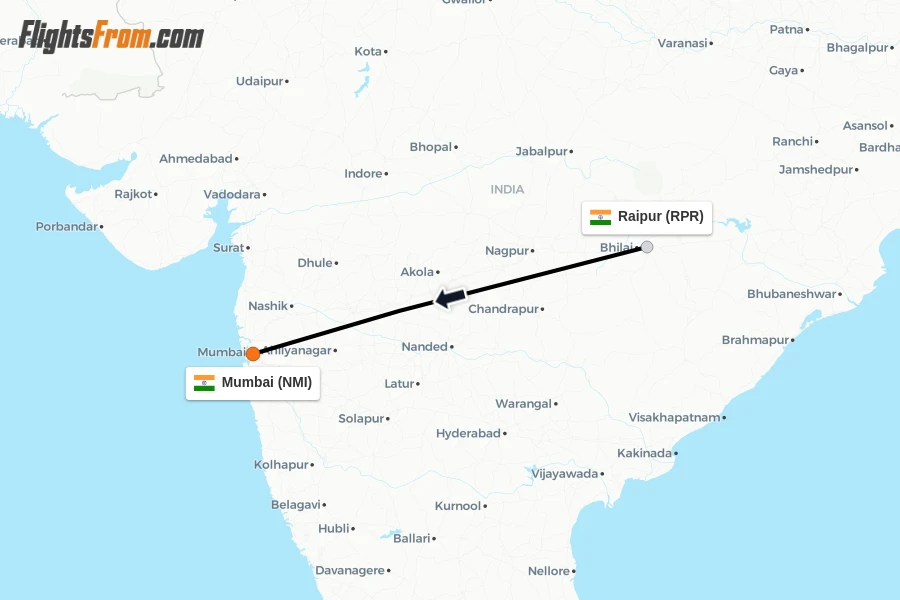 Flights from Raipur to Mumbai route map