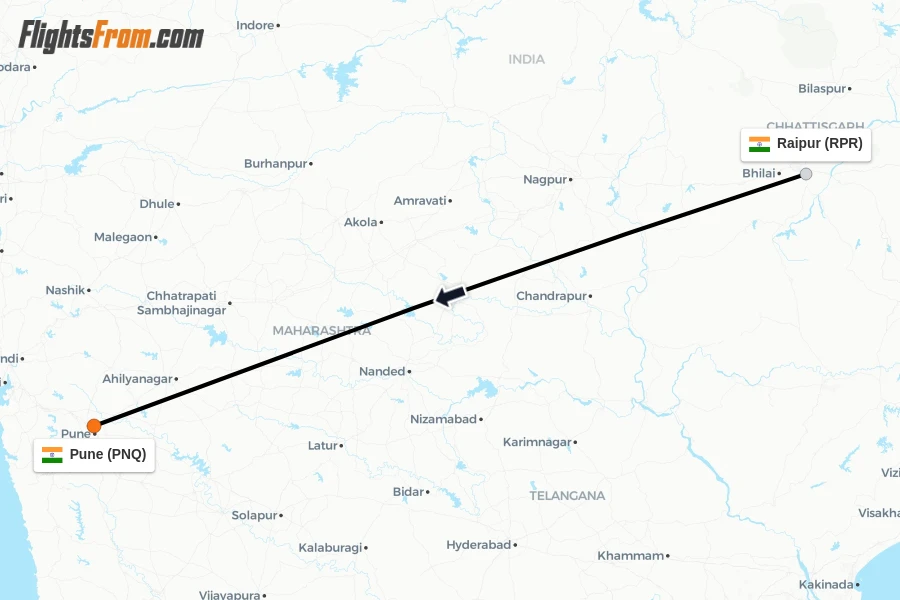 Flights from Raipur to Pune route map