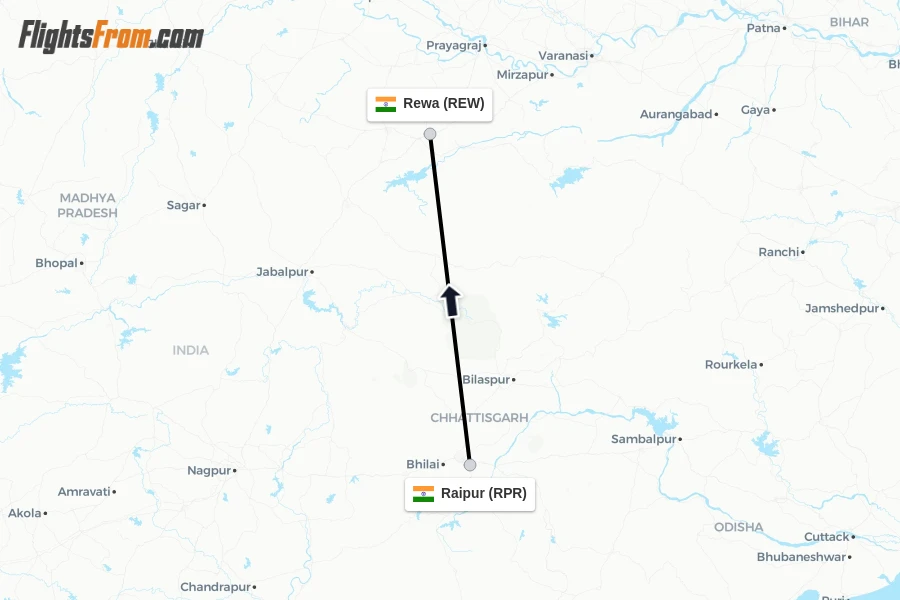 Flights from Raipur to Rewa route map