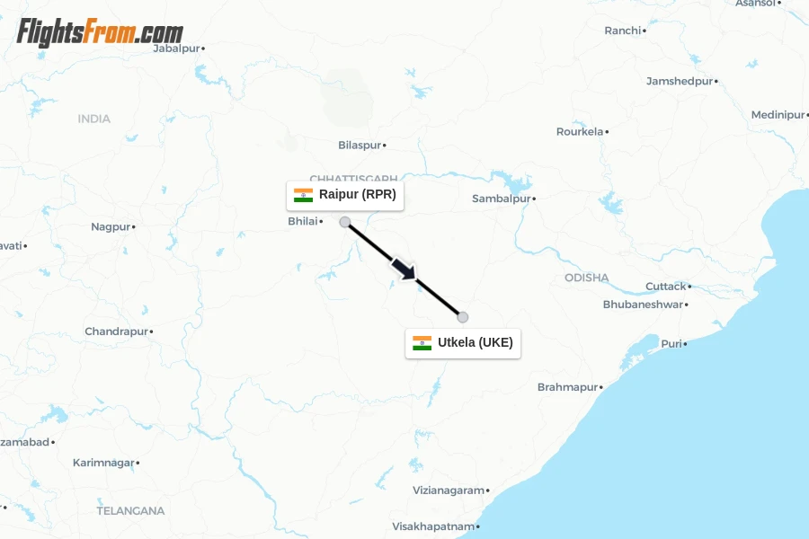 Flights from Raipur to Utkela route map